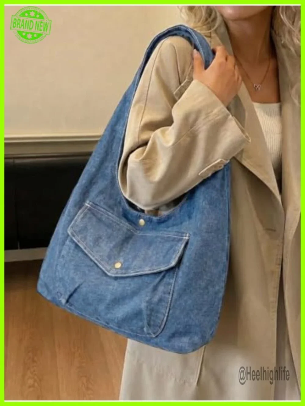 Denim Hobo Tote Bag Reversible Large Capacity Shoulder Purse